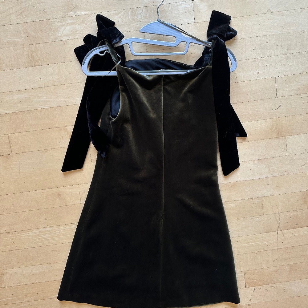 NEW Zara Olive velvet w/ black velvet shoulder tie dress, XS, GD1114 - Picture 4 of 7